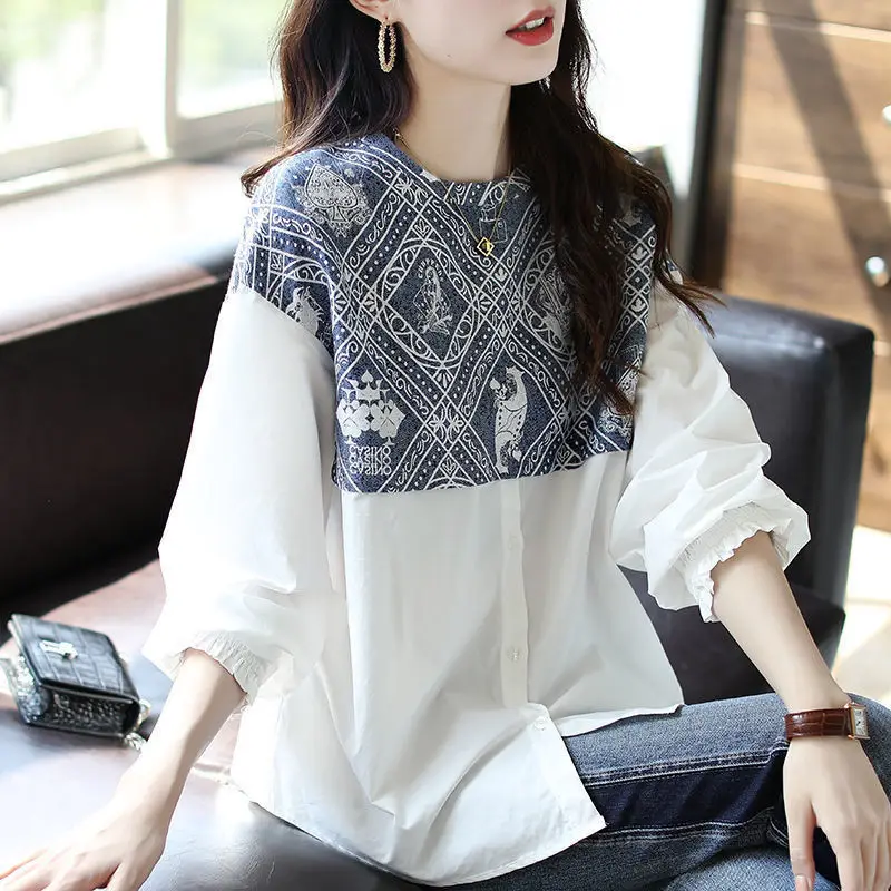 

Vintage Printed Spliced Button Shirring Oversized Irregular Shirt Asymmetrical Casual Tops Commute Fashion Woman Blouses 2022