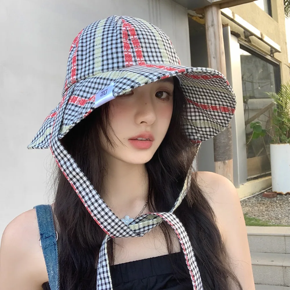 

Breathable Quick-dry Seaside Fisherman Hat UV Protection Sunscreen Strappy Sun Hat Sweet Big Brim Plaid Bucket Cap Fishing