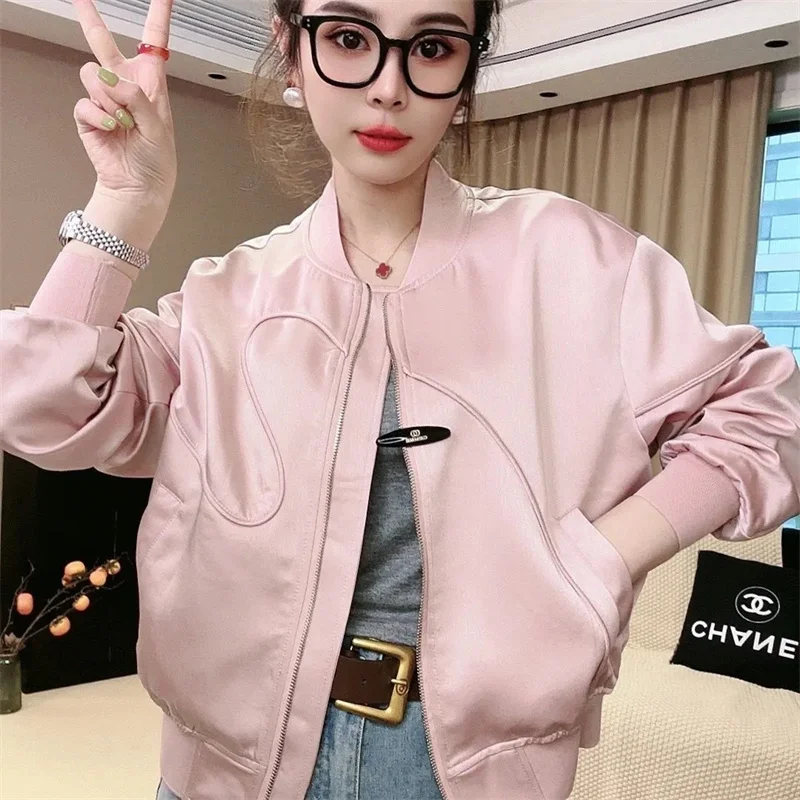 

Spring Autumn Women Leisure Long Sleeves Coat Ladies Fashion Round Neck Jacket French Female Solid Color Satin Short Top Outwear