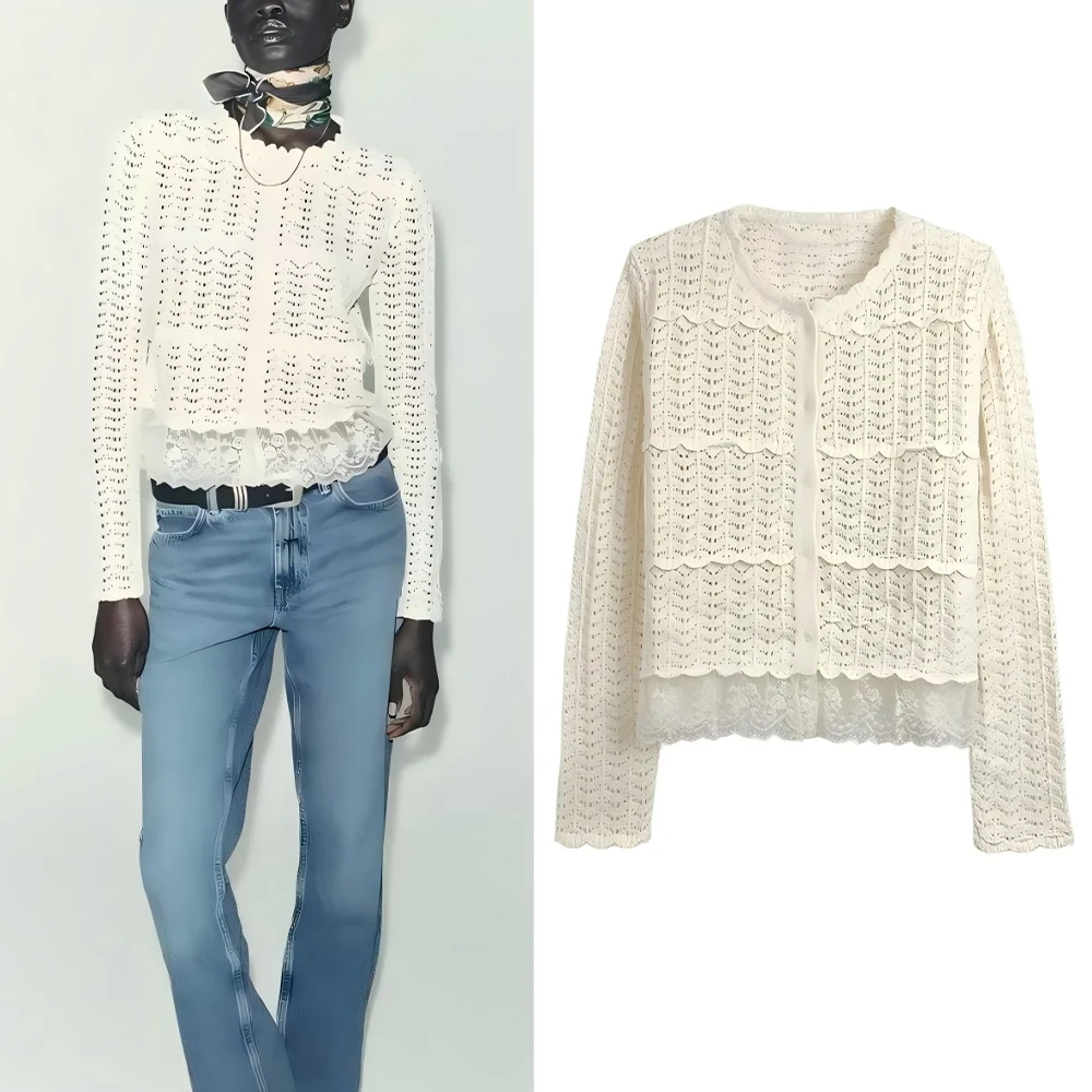 

Women's new fashion lace hem short O Neck hollowed out knitted cardigan retro long sleeved Button-up women's coat chic top