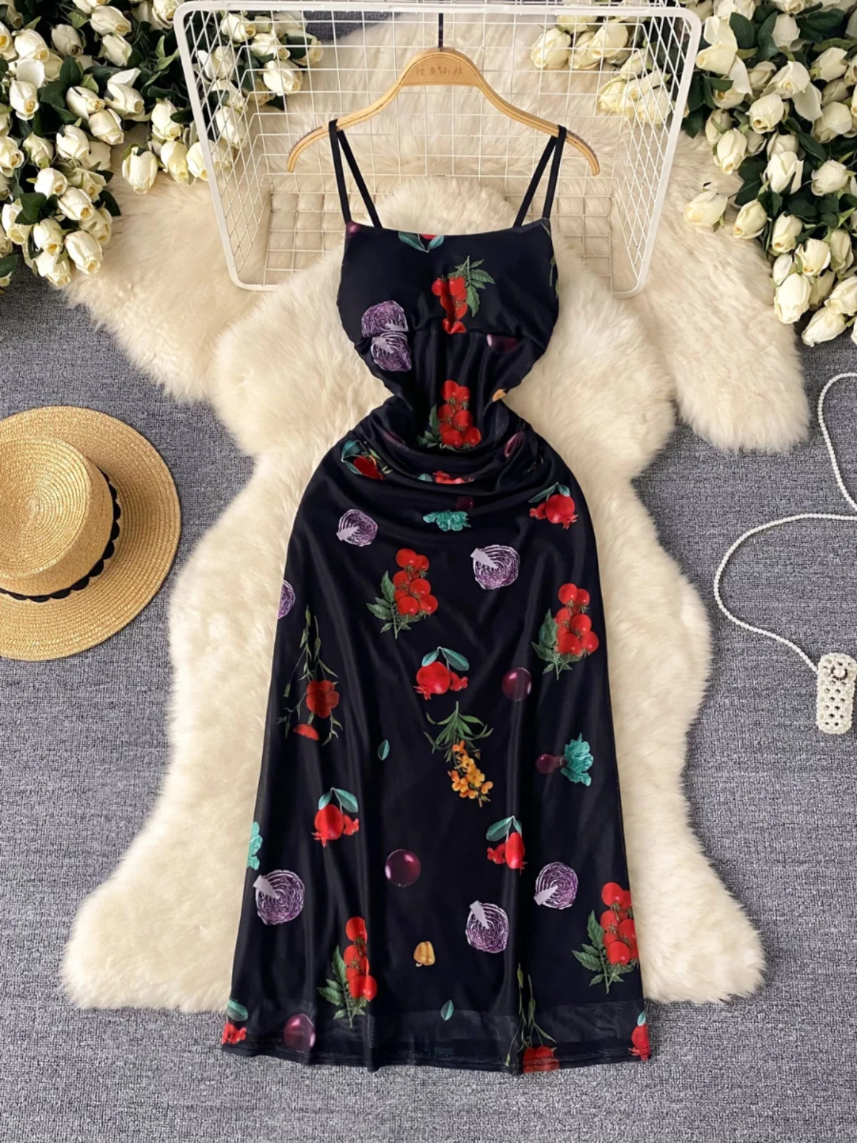 

Foamlina New Summer Women Elegant Floral Print Suspender Dress Sexy Sleeveless Slim Backless Mesh Lined A Line Beach Party Dress