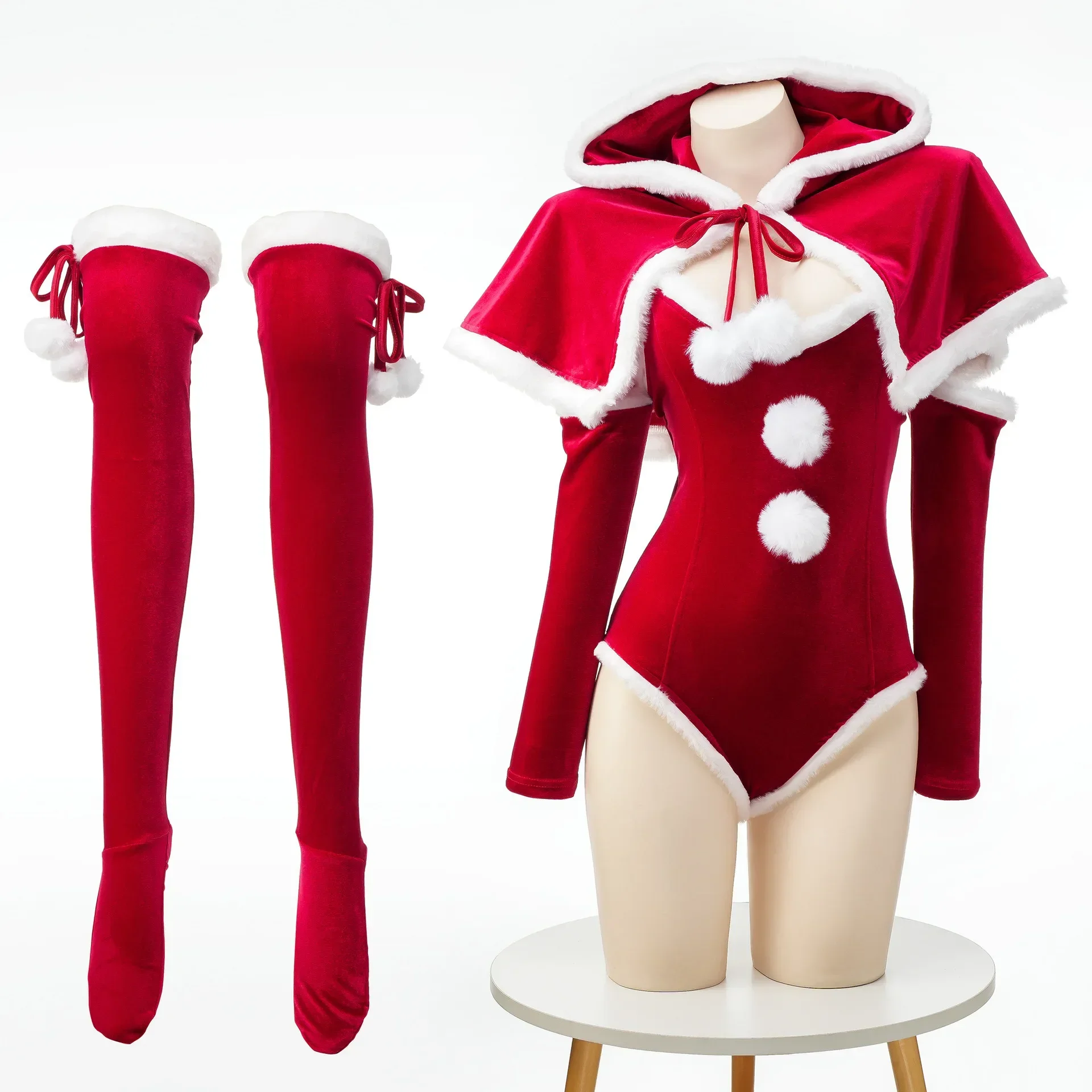 Christmas Nightdress Bunny Girl Cosplay Costumes Anime Women Sexy Bodysuit with Hooded Cloak Stocking Santa Claus Jk Uniform