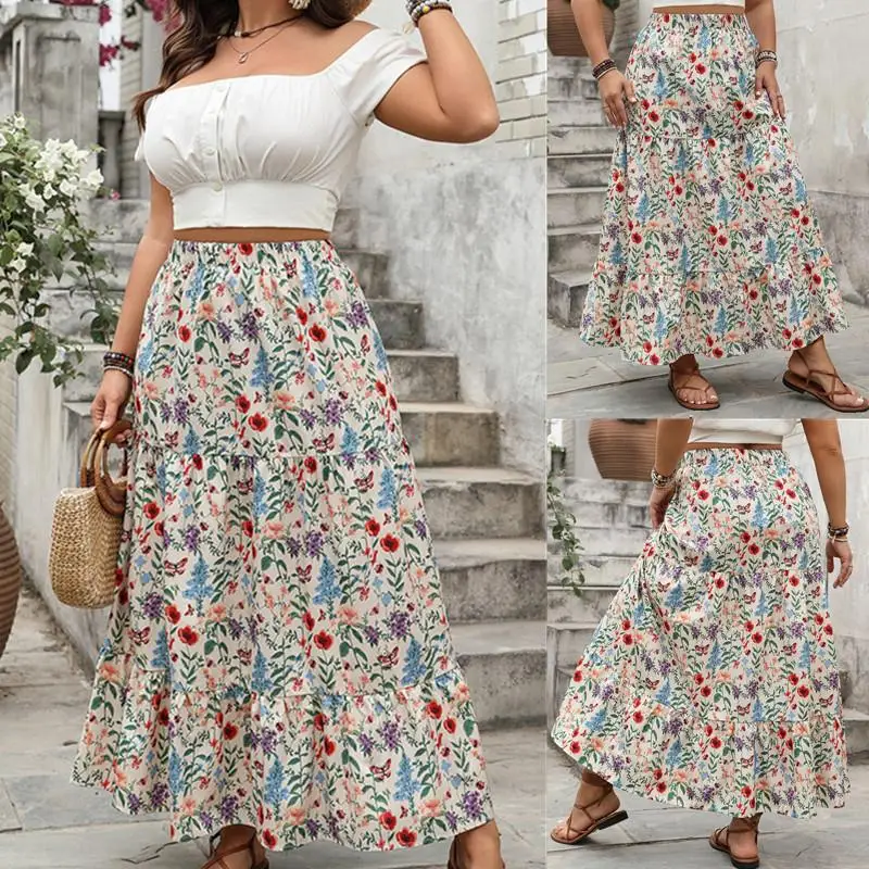 

plus Size Printed Casual Skirt High Waist A-Line f-length Women's Dr Ethnic Sle Ciwalk Summer Collection China Made