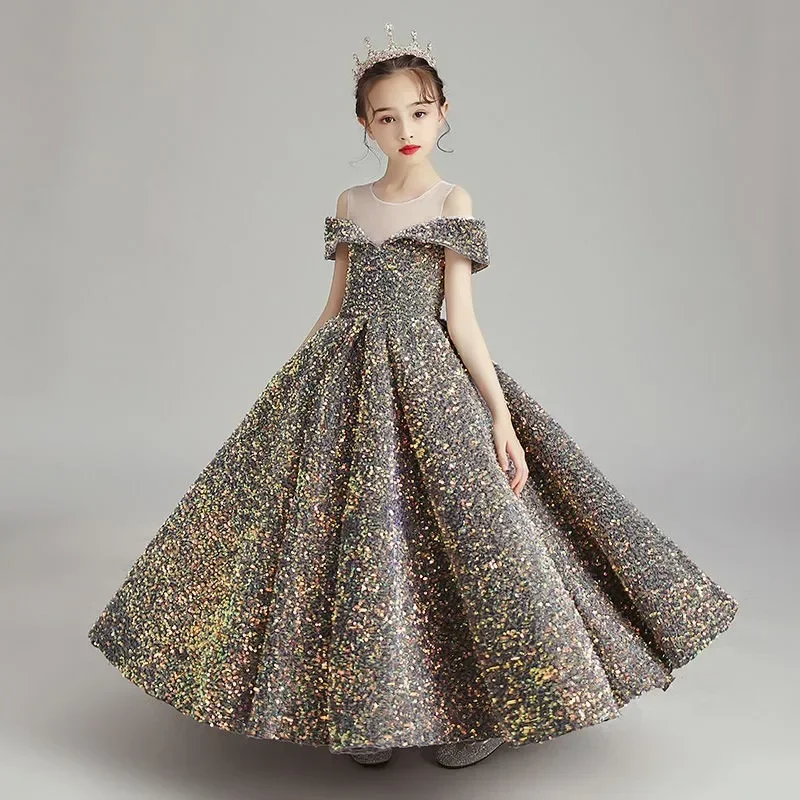 Robe Longue Brillante à Paillettes pour Adolescente, Tenue de Soirée de Luxe, d'Anniversaire, de Bal de Promo, de Mariage, à la Mode, pour Enfant de 3 à 14 Ans