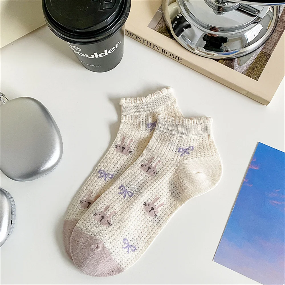 Chaussettes Ultra-Fines en Maille avec Impression d'Ours de Dessin Animé pour Femme, Bas, Bouche Peu Profonde, Été, Mince, Respirant, Bateau Invisible, 1 Paire