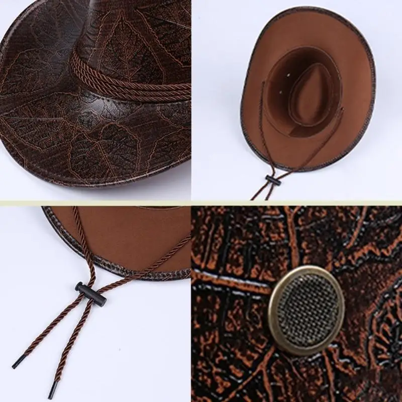 

652F Vintage Sun Shield Hat Widen Brim Western Hat Vintage Leather Western Hat for Men Women Hiking Camping Fishing Travel
