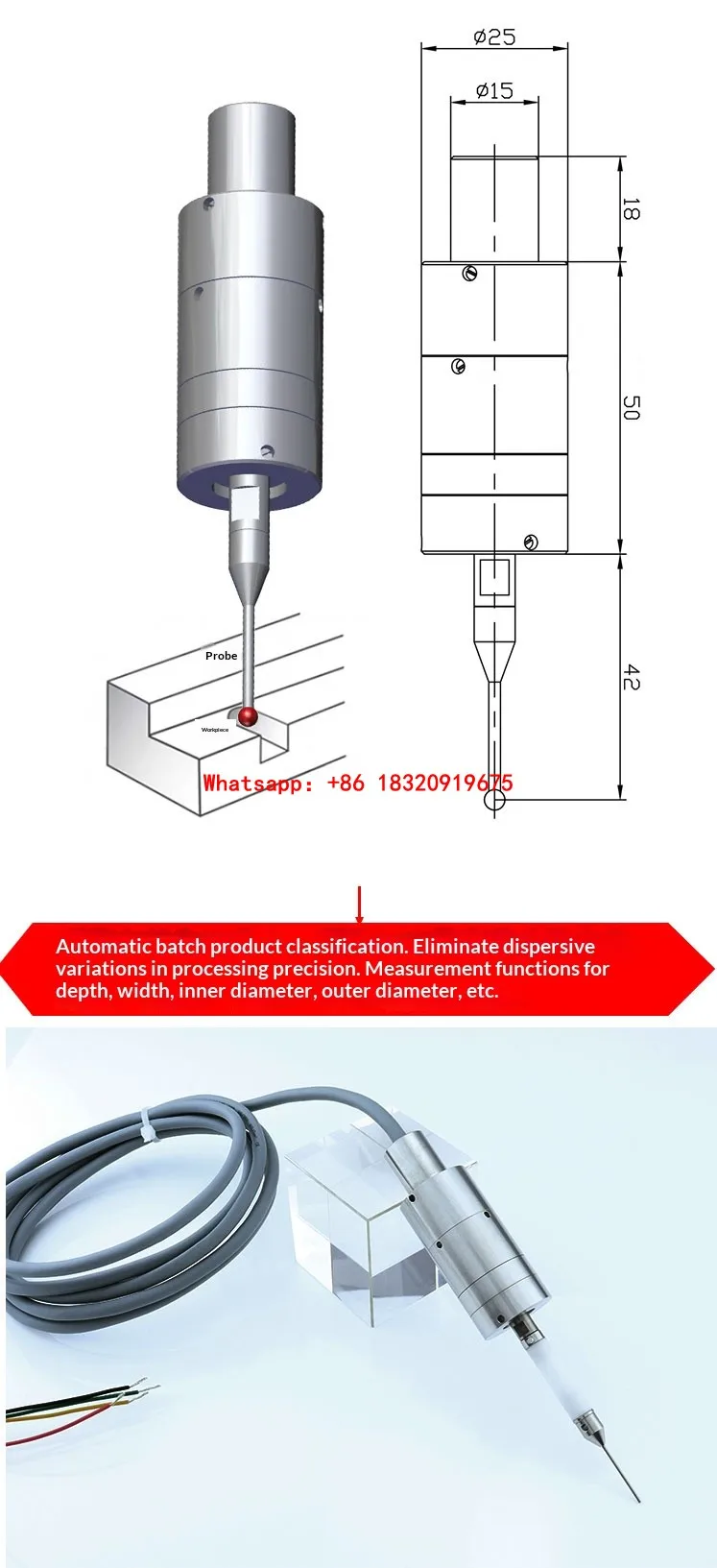 Cyclmotion CNC Wired probe with automatic centering and compensation edge finder, needle sensor probe, 2D/3D online detection