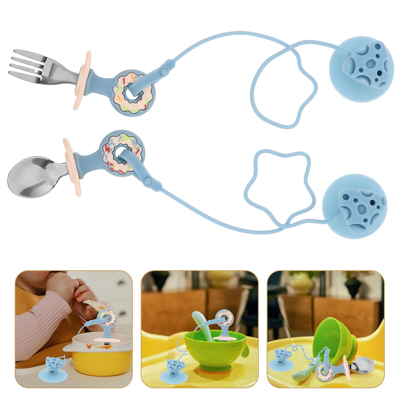 

1 set 1 Set Utensils Stainless Steel Spoon Fork Silicone Cutlery Set Anti-Drop Chain For Self-Feeding Training