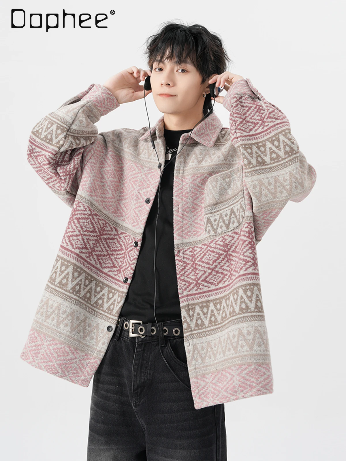 2025 Spring and Autumn New Men's Retro Printed Brown Shirt Jacket Loose Casual Turn-down Collar Wine Red Pink Jacket