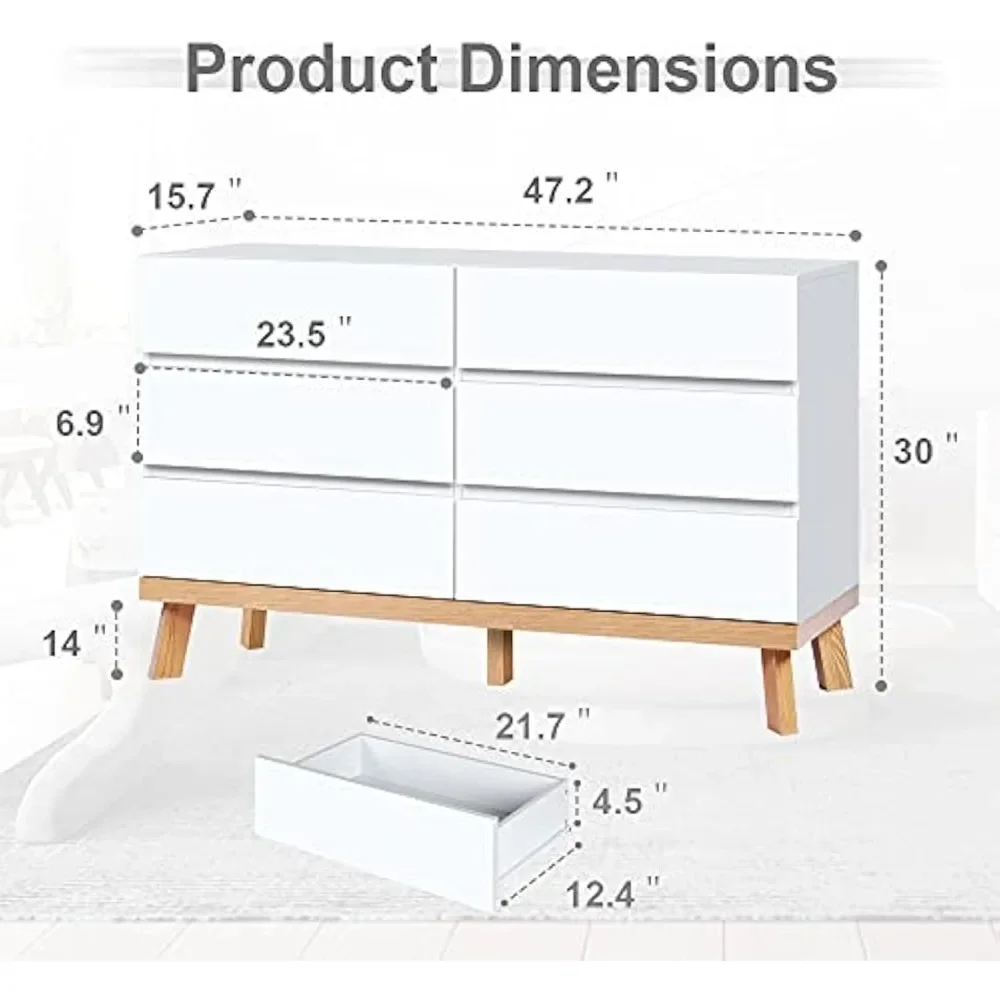 White Dresser for Bedroom 6 Drawer Double Dresser Chest of Drawers Large Storage Cabinet Wooden Dresser for Bedroom, Living Room