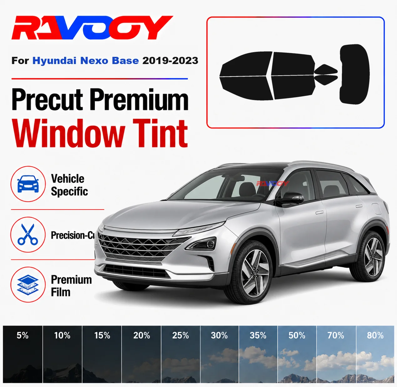 

Premium Precut Window Tint Kit Front Rear Windows Rear Windshield For Hyundai Nexo Base 2019-2023 Complete Set Nano Ceramic Film