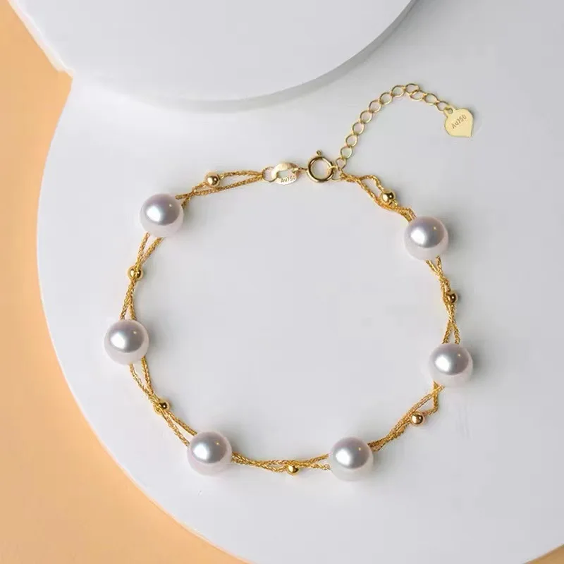 

Elegant Real 18k Gold Natural Freshwater Pearls Bracelet Adjustable Au750 Chain Party Jewelry for Women Mum Girl Friendship Gift