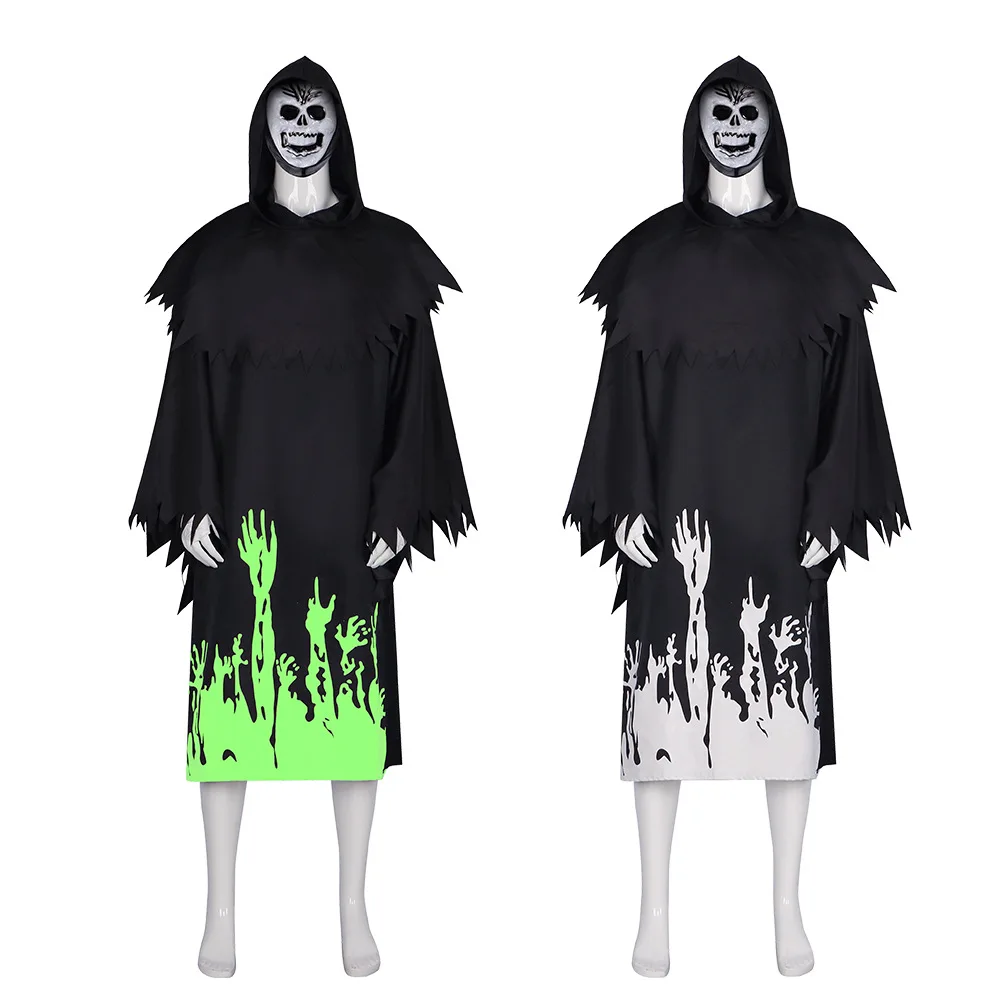 Disfraz de Cosplay de Halloween para niños y adultos, Sudadera con capucha de Horror de Death Zombie, capa negra, esqueleto de Calavera, conjunto de accesorios, guantes fluorescentes