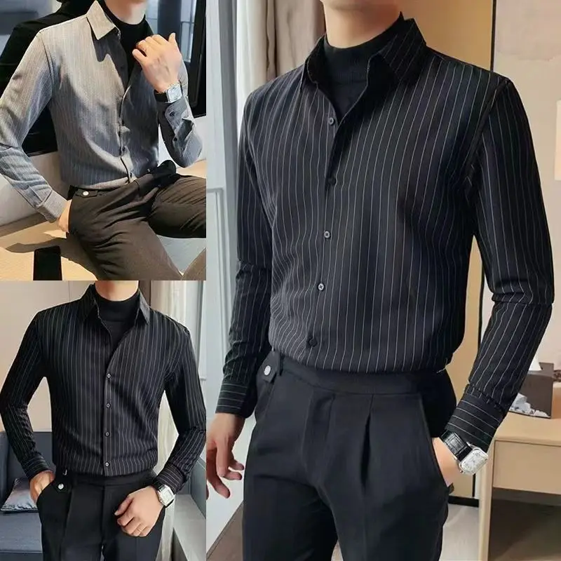 

Striped Business Male Top Long Sleeve Men's Shirt And Blouse Aesthetic Elegant Wholesale Casual Asia Silk Hipster Clothes I