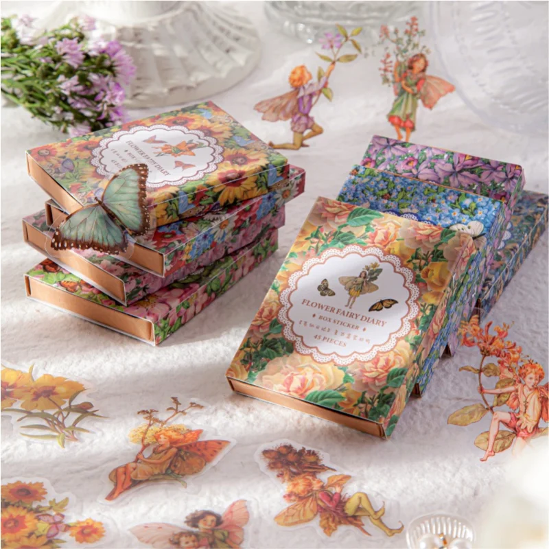 45pcs Fairy Tale Butterfly PET Stickers Vintage Flower Elf Decorative Label Scrapbook Magazine DIY Decoration