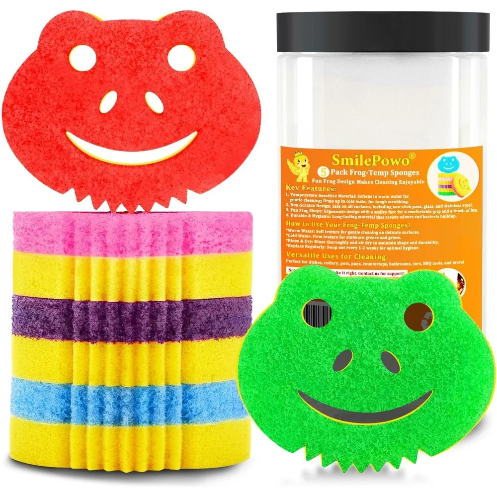 

5 Pack Frog Dual-Sided Multi-Functional Scrub Sponge, Dual-Sided Temperature Controlled Kitchen Sponge for Dishes