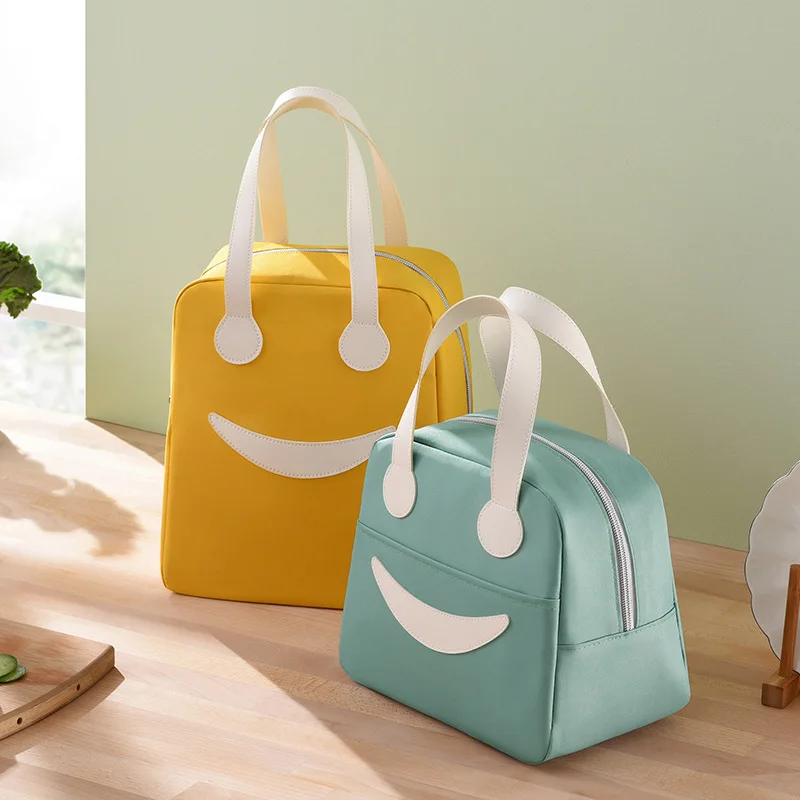 Cute Smile Portable Lunch Bag Insulated Refrigerated Food Safety Girl Warm Food Picnic Office Student Zipper Food Storage Box