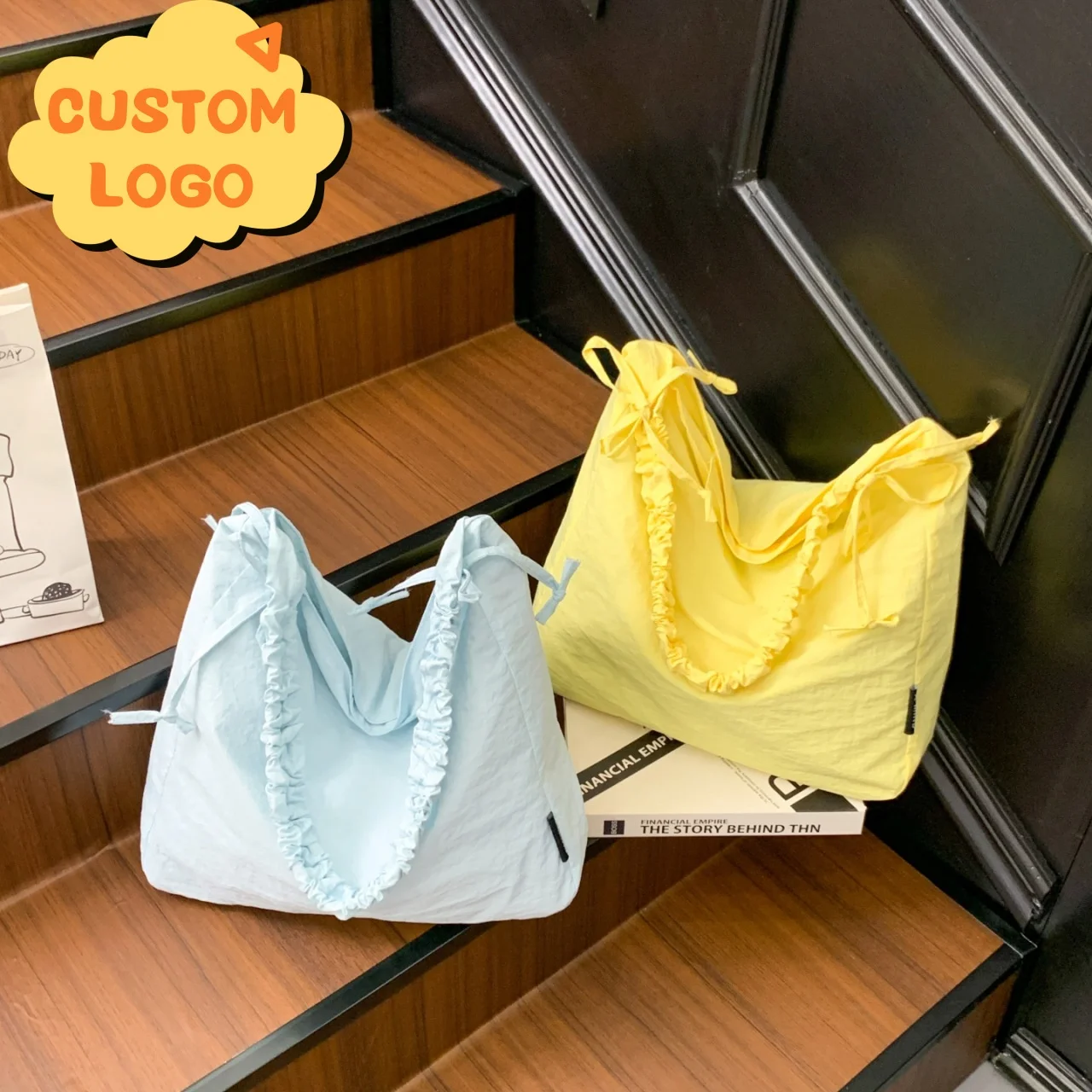 Fashion Sweet Ruffled Drawstring Hobo Bag Custom Logo Soft Foldable Nylon Shoulder Purse Multi Pastel Color Travel Shopping Bag