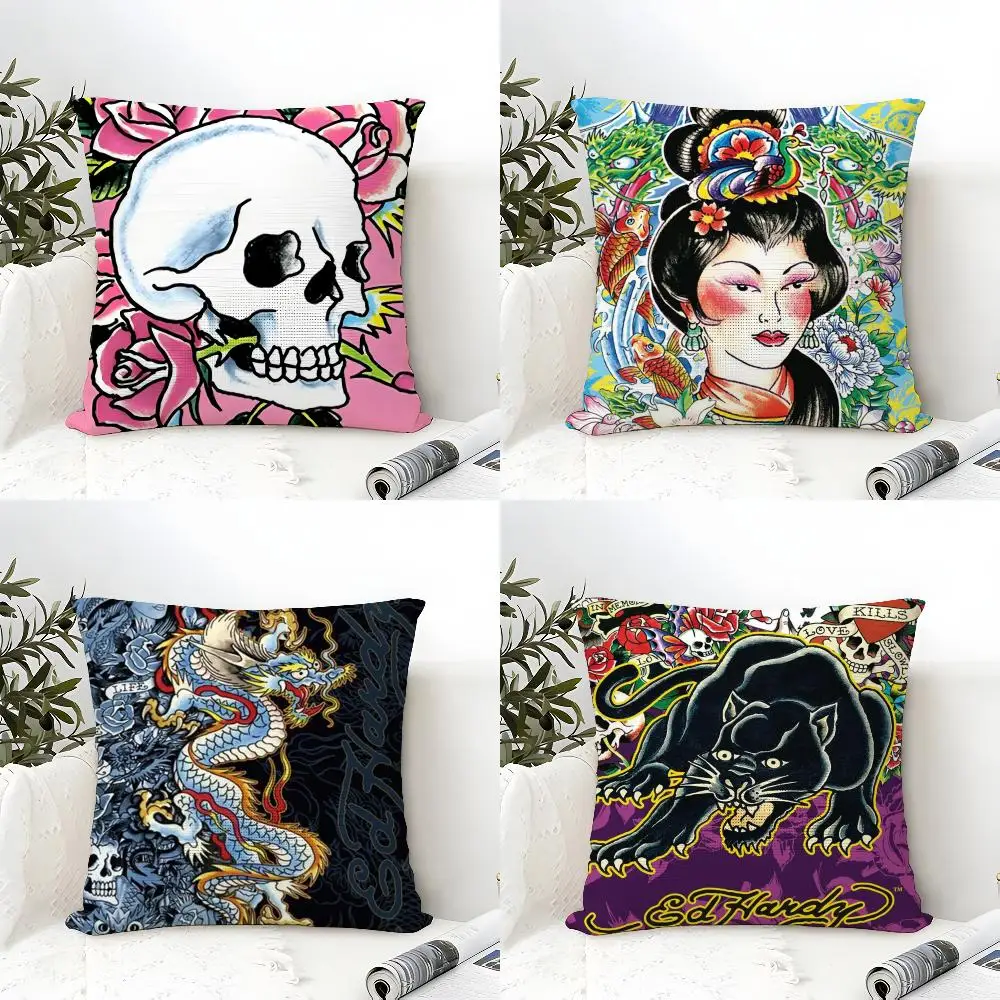 E-Ed-D_Hardy LOGO Cushion Cover Eco Linen Pillow Case | Double-Sided Print, Breathable & Durable, Hidden Zipper Home Decor Gift