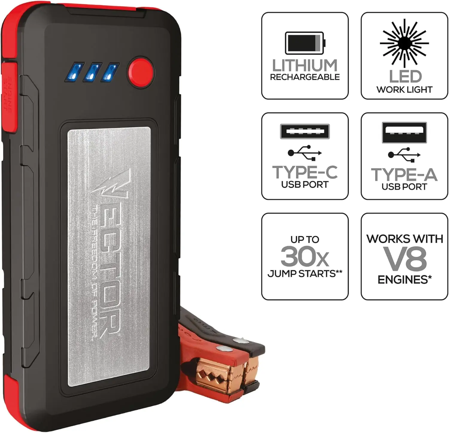 SS16LV 1600A Lithium Jump Starter، USB-A/C، 3.1A، مدخل/خارج الطاقة، ضوء LED، مشابك شديدة التحمل #4
