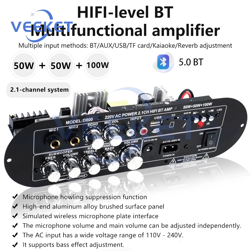 

D800 2.1 Channel 200W High Power Amplifier Board with Bluetooth 5.0 AUX USB TF Card Inputs for Home and Outdoor Sound Systems