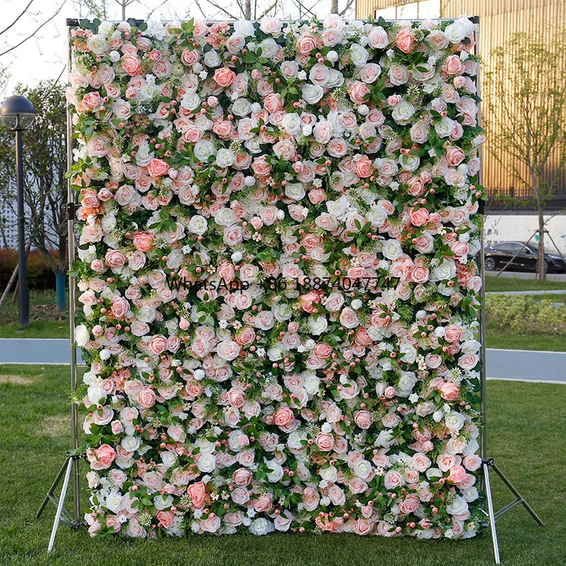 New design Halloween photo wall Decor Roll Up Floral Wall Artificial pink rose feather wall backdrop for wedding