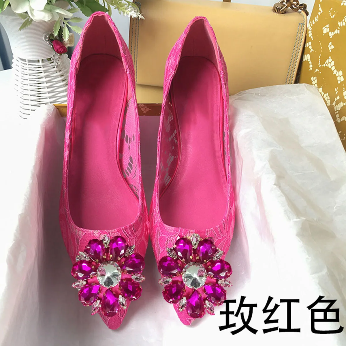 

Fashionable Rose-Red Lace Rhinestone Pointed-Toe High-Heeled Women's Shoes, Elegant and Versatile