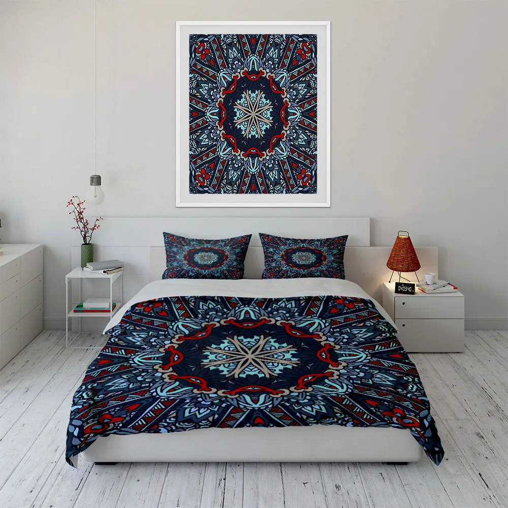 Intricate Symmetrical Blue Pattern Print Soft Comfortable Duvet Cover Bedding Set Included 1*Duvet Cover 2*Pillowcases 4