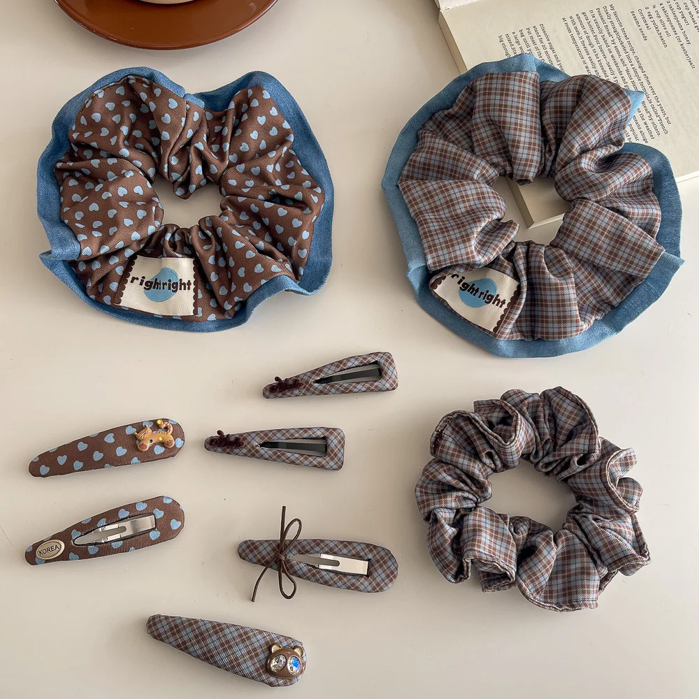

Blue Coffee Hair Rope Tie Elastic Hair Bands Love Plaid Hairpin Bangs Side Clip Girl Scrcunchies Rubber Bands Hair Accessories