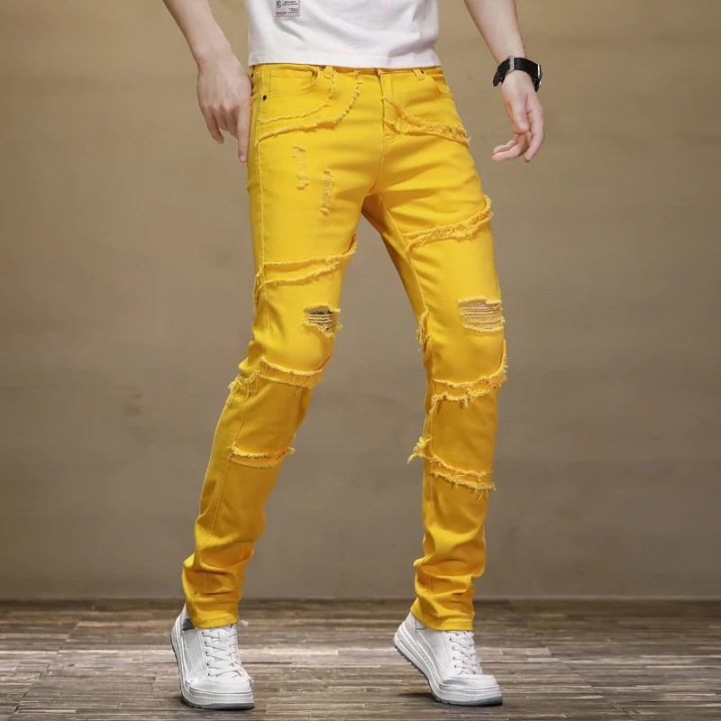 

Yellow Motorcycle Jeans Men2024New Style Frayed Stitching Ripped Personality Casual Stretch Slim Fit Skinny Long Pants