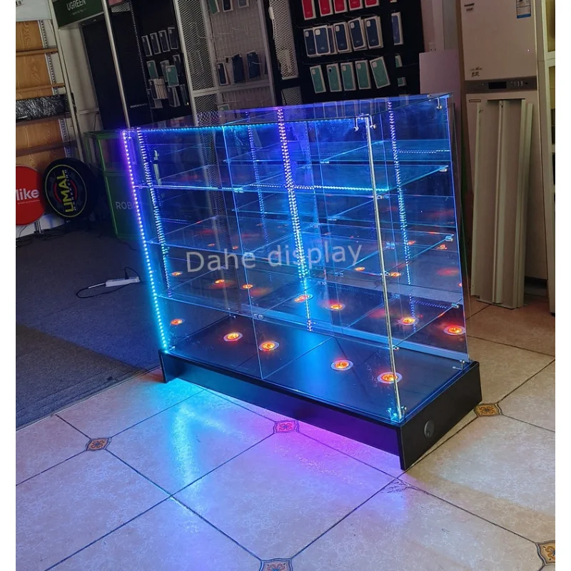 Custom. fashionable frameless 48 inch smoke shop display RGB light game store glass display counter showcase with shelves