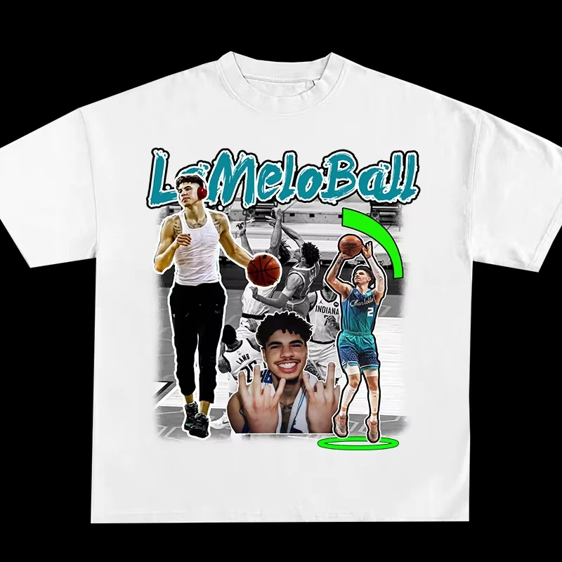 

La Melo Ball Three Ball American Retro Short Sleeve Men's Basketball Hip Hop Sports Cotton T-Shirt Men's and Women's Summer