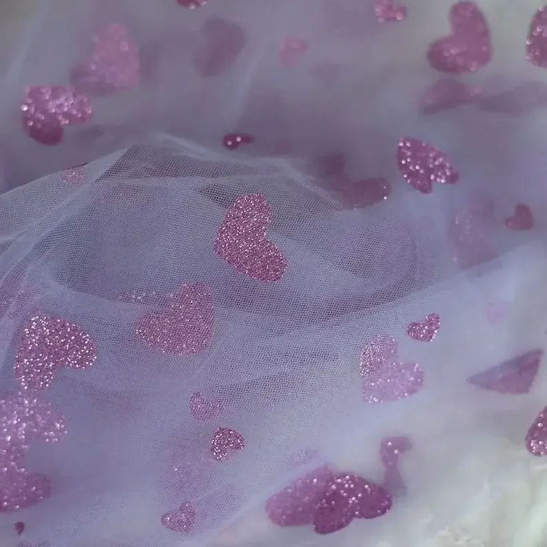 9 Colors pink Glitter Sequins Heart Tulle Fabric Love Heart Lace Fabric For Tutu dress，Dance Costume, Prom Dress,  Party Decor
