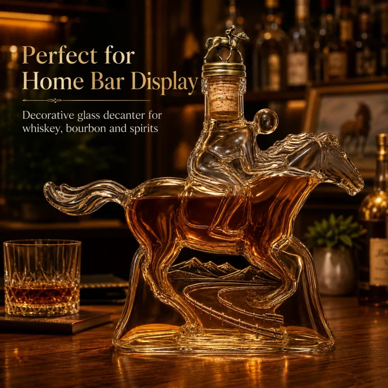 Galloping Horse Jockey Glass Decanter Vintage Racetrack Embossed Bronze Horse Rider Stopper Whiskey Liquor Bottle Bar Gift Men