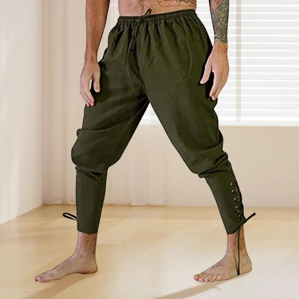 Medieval Pirate Men Trousers Ankle-banded Lace-up Strap Elastic Waist Pleated Loose Pant Solid Color Cosplay Performance Costume