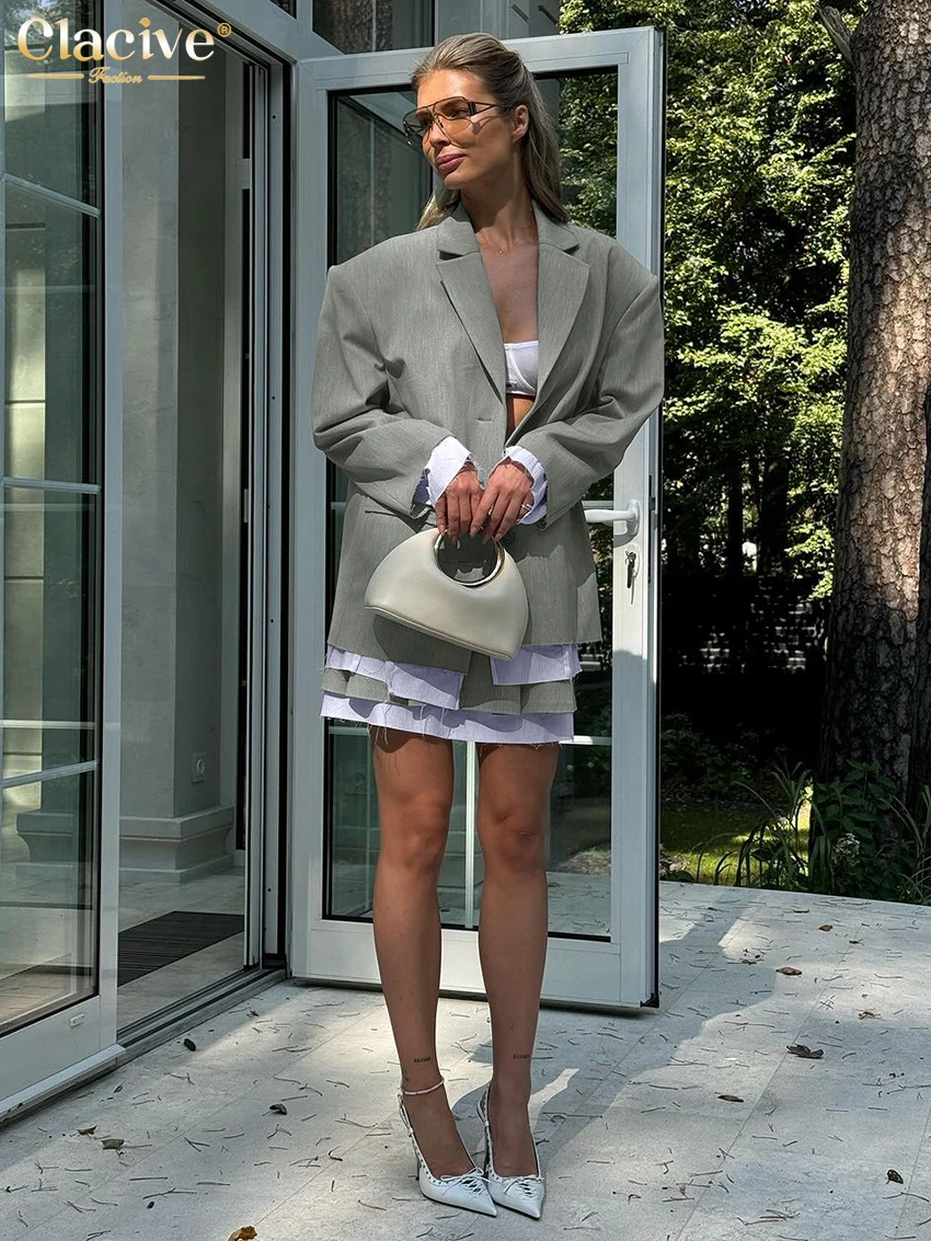 Clacive Fashion Loose Gray Office 2 Piece Set Women Outfit 2025 Elegant Long Sleeve Blazer With High Waist Mini Skirt Set Female