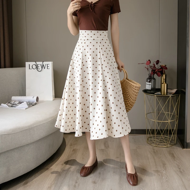 

Ladies Elegant Fashion Medium Long Black Skirt Women Clothes Girls Cute Wave point Skirts Chic Casual Clothing BPy5106