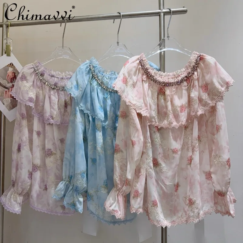 

2025 Spring and Summer New Design French Retro Beautiful Floral Shoulder Shirt Temperament Thin Top For Women