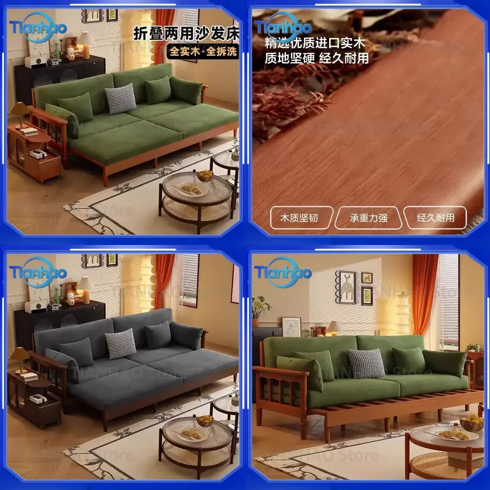 Folding Sofa Bed for Medieval Style Dual-Purpose Removable Washable Cotton Linen Design for Small Apartment Living Room Solid
