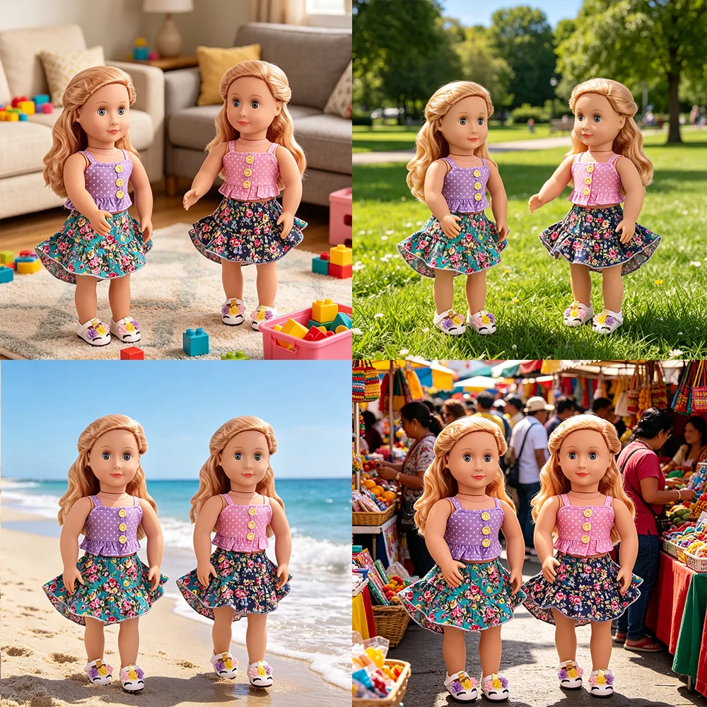 18 Inch Doll Girl Irregular Floral Suspender Set Doll Fashion Summer Fashion Suitable for 18 Inch Doll Girl Clothing Doll Access