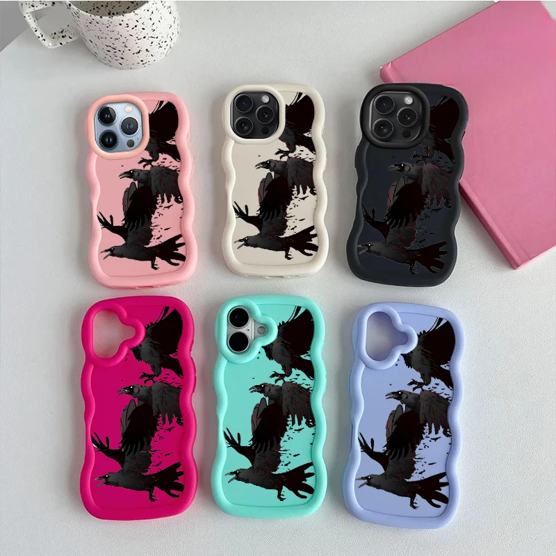 Creative crow Fashion Wave Soft Phone Case For iPhone X XR XS SE 4 11 12 13 14 15 16 16E 17 AIR PLUS PRO MAX Macaron Cover