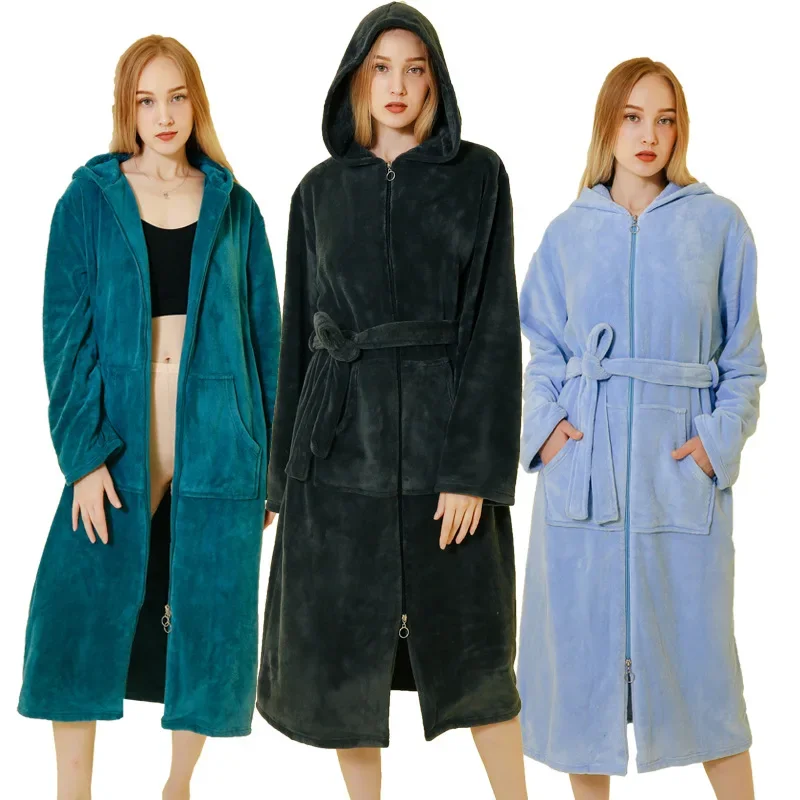 Long Warm Flannel One-Piece Dressing Gown Women Pregnant Zipper Robe Winter Lovers Cozy Kimono Men Sleepwear Loose Homewear