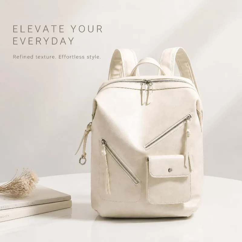 Women Fashion Backpack Soft Faux Leather Multi Zipper Pocket Design Large Capacity Casual Daily Travel Rucksack For Outdoor