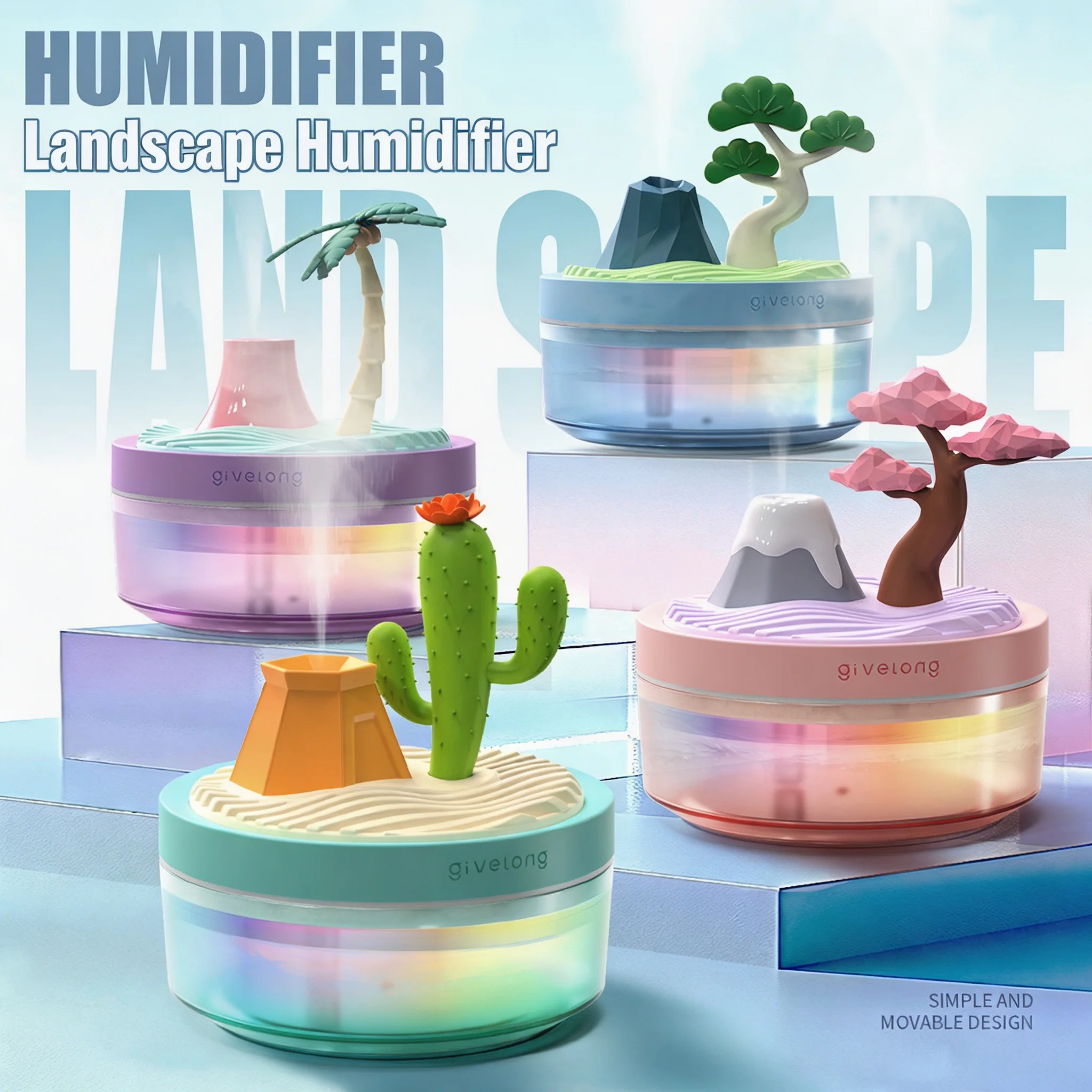Cute Mini Humidifier with LED Light Creative Landscape Design Desktop Decoration Gift for Bedroom Office Home
