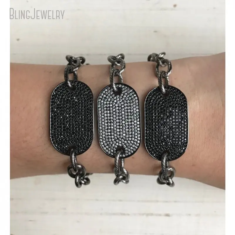 

BM19946 CZ Pave Black White Crystal Dog Tag Bracelet with Gunmetal Chain Micro Zircon Jewelry