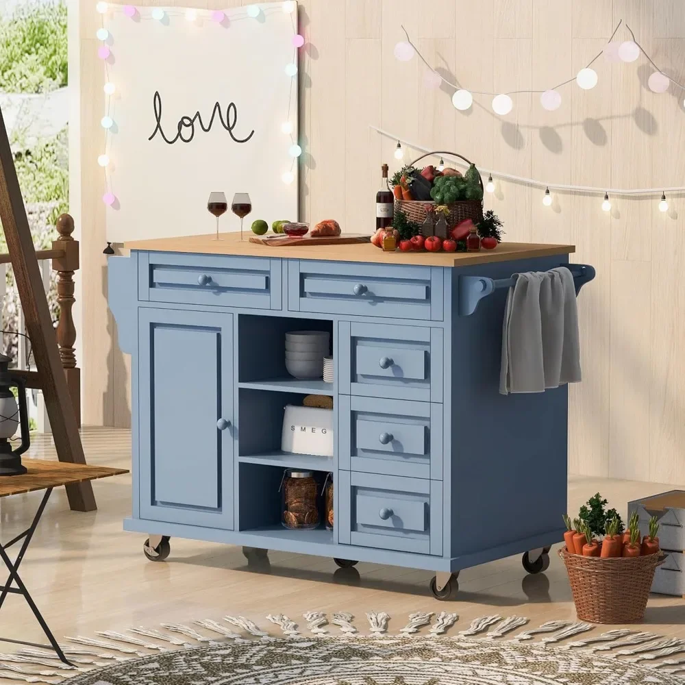 Blue Kitchen Cart with Rubber Wood Top - Mobile Storage Cabinet & Rolling Island