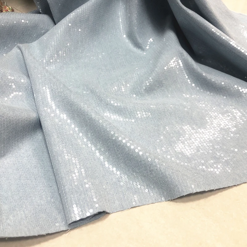 Light Blue Pink White Thin Denim Transparent Small Sequins Fashion Fabric, Coat Skirt Sequin Denim Fabric