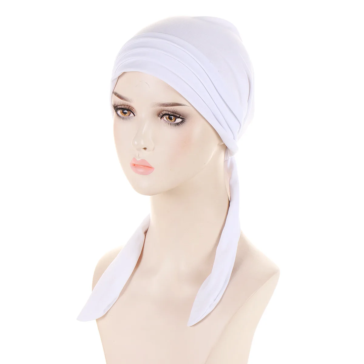 Ramadan Muslim Hijab Caps Crystal Hemp Women\'s Longtail Headscarf Hat Chemo Hats Hair Care Solid Color Turban Bonnet