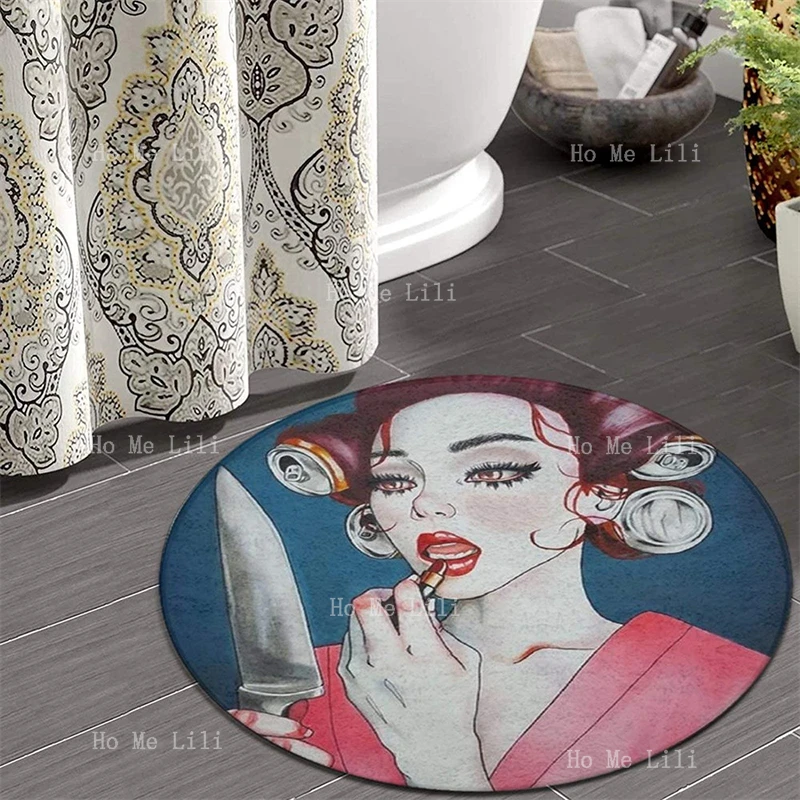 Knife Mirror Gothic Women Girl Make Up Art Round Flannel Floor Rugs Circular Carpet Home Decor For Living Room Bedroom Kitchen