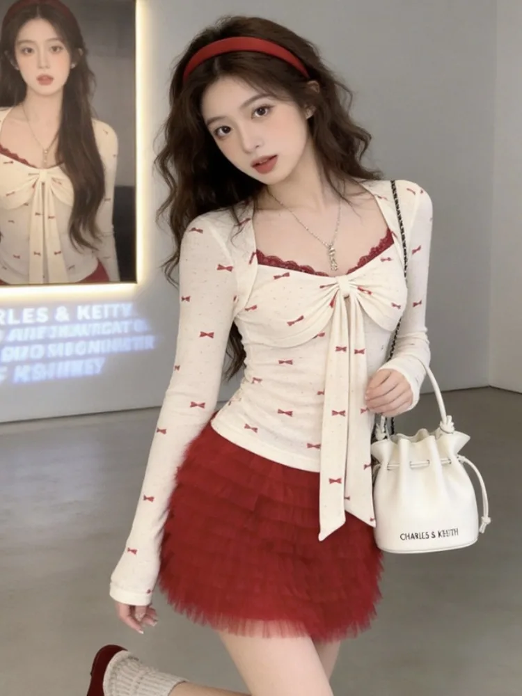 

Spring Autumn New Style Hot Girl Polka Dot Long Sleeve Mesh Skirt Set Women's Fashion Commute Korean Version Slim Fit Cake Skirt